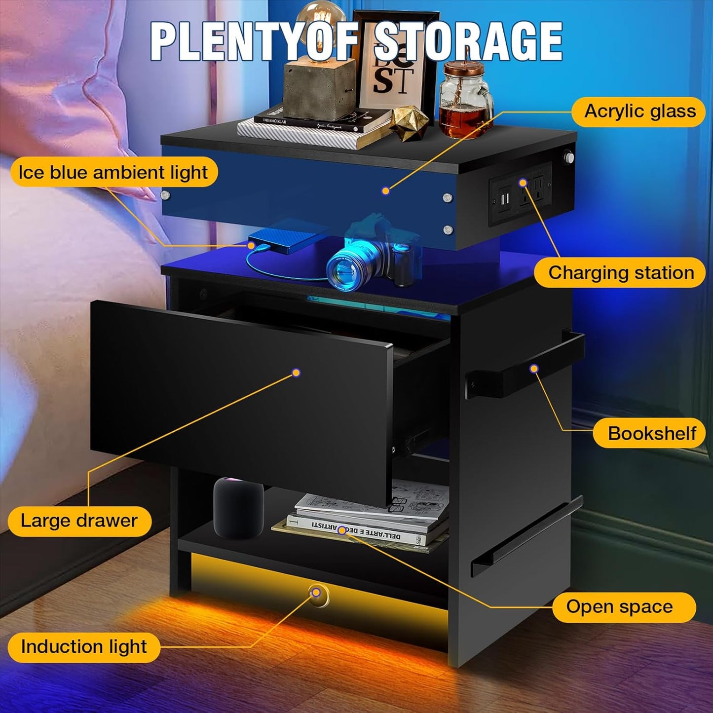 ✨Nightstand Set 2,Nightstand with Charging Station,Induction Light and LED Light,Bedside Table with Drawers🤩,Modern Nightstand End Side Table for Bedroom