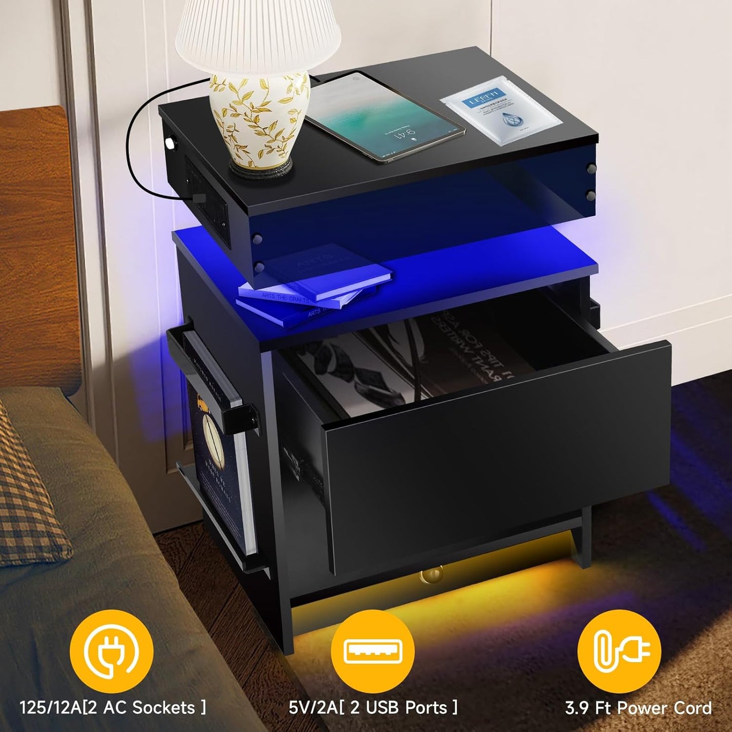 ✨Nightstand Set 2,Nightstand with Charging Station,Induction Light and LED Light,Bedside Table with Drawers🤩,Modern Nightstand End Side Table for Bedroom