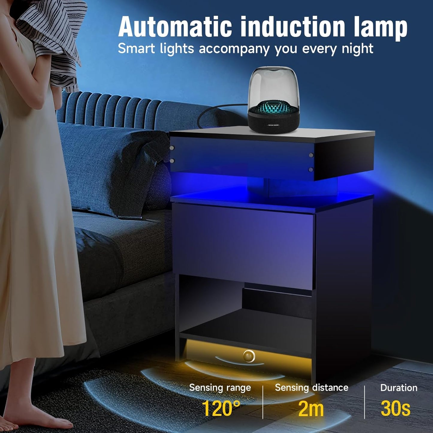 ✨Nightstand Set 2,Nightstand with Charging Station,Induction Light and LED Light,Bedside Table with Drawers🤩,Modern Nightstand End Side Table for Bedroom