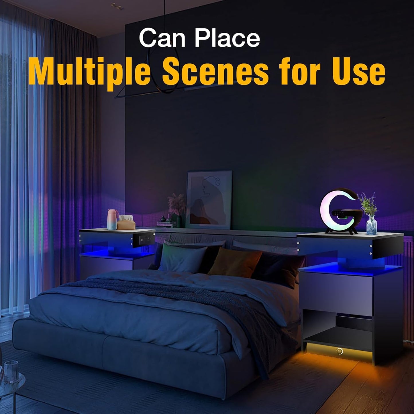 ✨Nightstand Set 2,Nightstand with Charging Station,Induction Light and LED Light,Bedside Table with Drawers🤩,Modern Nightstand End Side Table for Bedroom