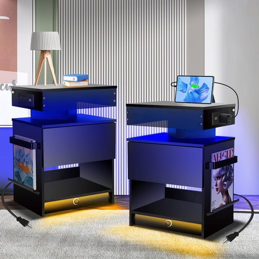 ✨Nightstand Set 2,Nightstand with Charging Station,Induction Light and LED Light,Bedside Table with Drawers🤩,Modern Nightstand End Side Table for Bedroom