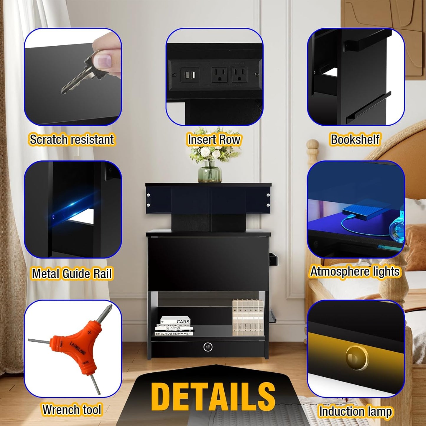 ✨Nightstand Set 2,Nightstand with Charging Station,Induction Light and LED Light,Bedside Table with Drawers🤩,Modern Nightstand End Side Table for Bedroom