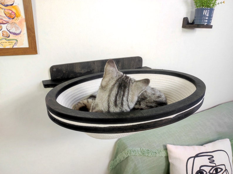 ✨Oval Wall-Mounted Cat Bed – Cotton Basket on Plywood Frame🐈 | Modern Cat Wall Furniture | Space-Saving Cat Lounger😻