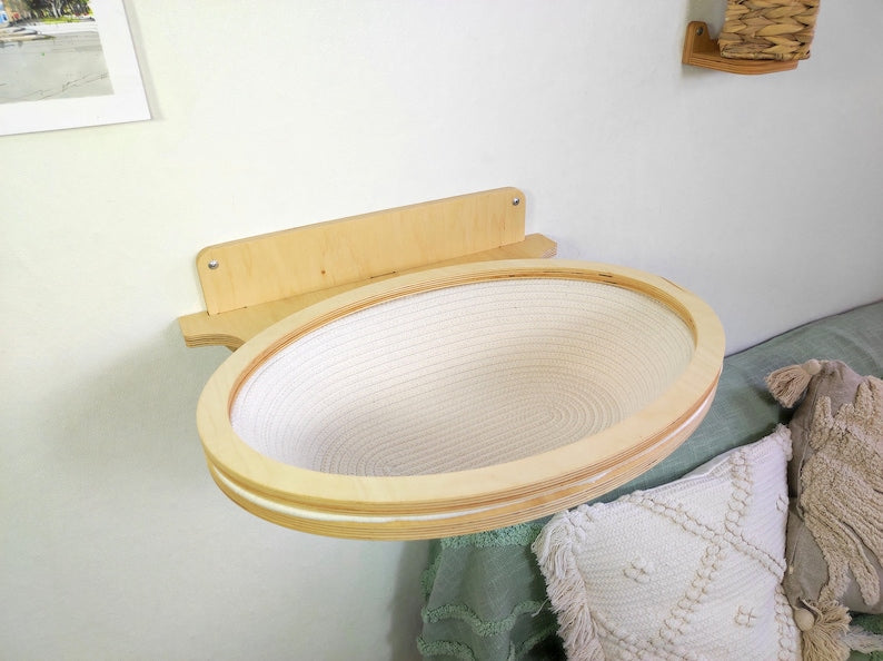 ✨Oval Wall-Mounted Cat Bed – Cotton Basket on Plywood Frame🐈 | Modern Cat Wall Furniture | Space-Saving Cat Lounger😻