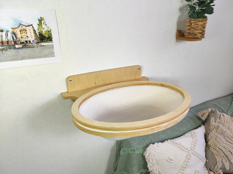 ✨Oval Wall-Mounted Cat Bed – Cotton Basket on Plywood Frame🐈 | Modern Cat Wall Furniture | Space-Saving Cat Lounger😻