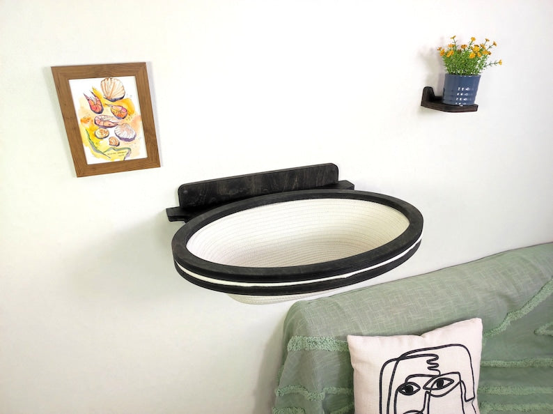 ✨Oval Wall-Mounted Cat Bed – Cotton Basket on Plywood Frame🐈 | Modern Cat Wall Furniture | Space-Saving Cat Lounger😻