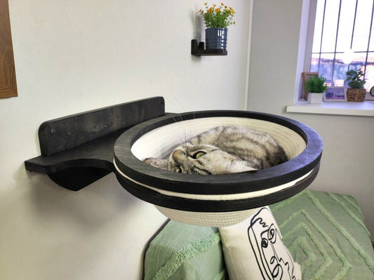 ✨Oval Wall-Mounted Cat Bed – Cotton Basket on Plywood Frame🐈 | Modern Cat Wall Furniture | Space-Saving Cat Lounger😻