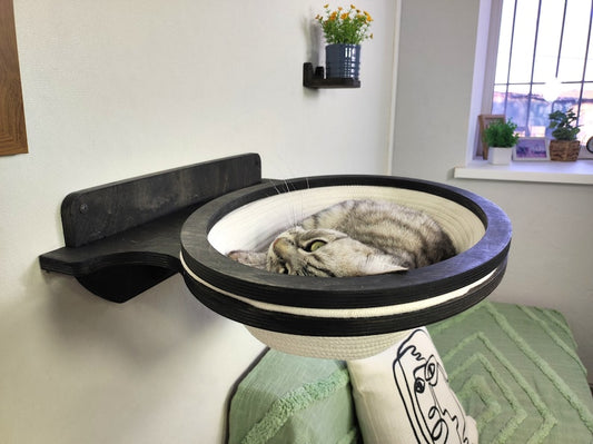 ✨Oval Wall-Mounted Cat Bed – Cotton Basket on Plywood Frame🐈 | Modern Cat Wall Furniture | Space-Saving Cat Lounger😻